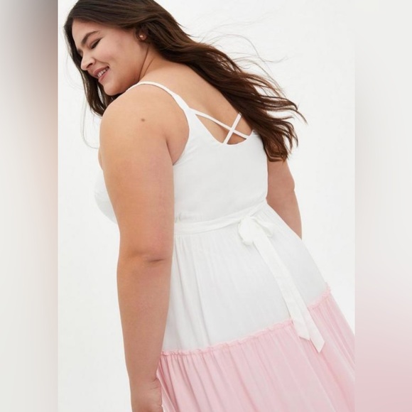 TORRID White/Pink/Blue Multi Colorblock Challis Tiered Maxi Dress Size 0 - Picture 3 of 11